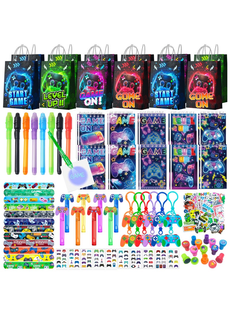 FRUITFUL PARTY Video Game Party Favors for 12 Guests, 146pcs Gaming Party Favor Set with Gift Bags Stickers Tattoos Slap Bracelets Bubble Wands Pens Seals Keychains – Game On Birthday Party Decoration Supplies - Image 1